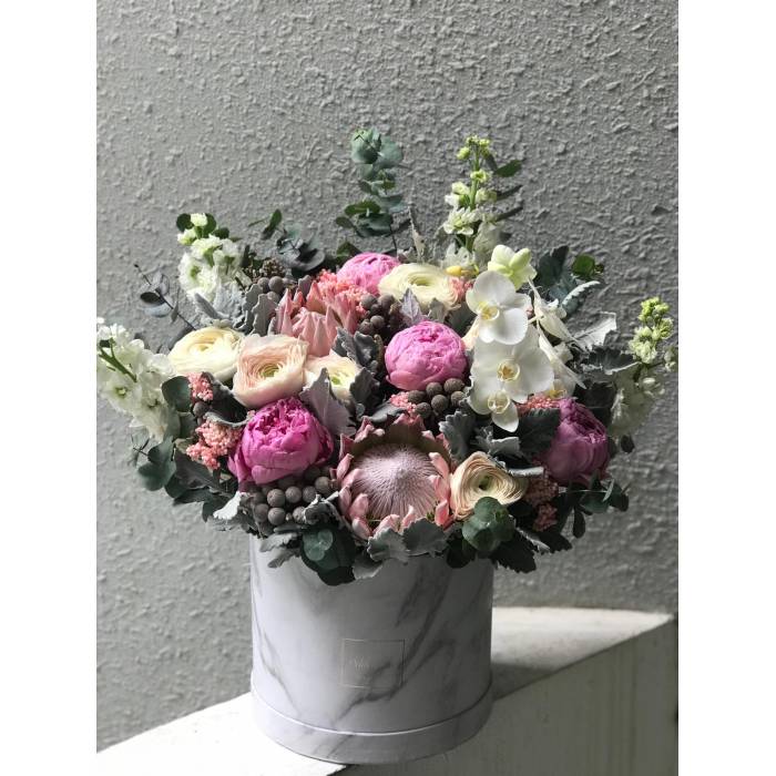 Blush Italian Ranunculus, Queen Protea and Peony in a Box