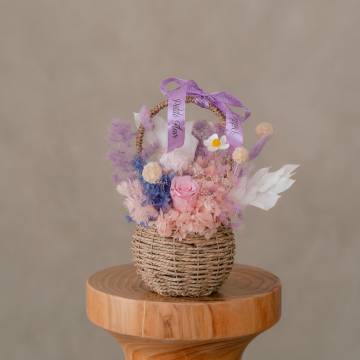 Everlasting Pink Rose and Hydrangeas Garden Basket Arrangement