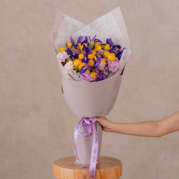 Purple Iris and Yellow Spray Roses Bouquet